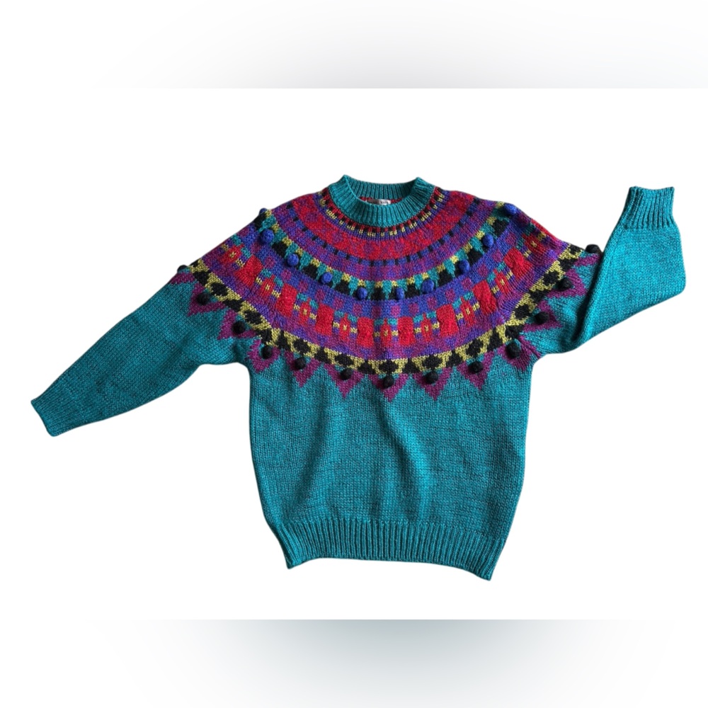 Vintage IVY Hand Knit Sweater Teal Multicolor‎ Fair Isle Pom Pom Size Small